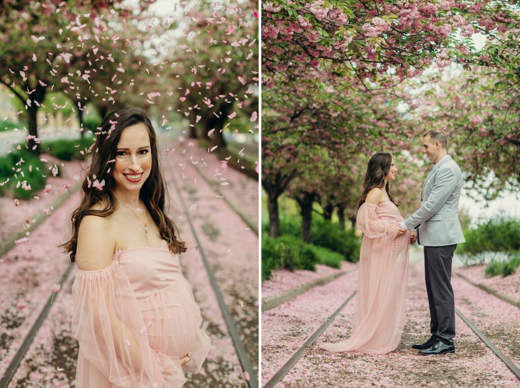 Spring Maternity photoshoot in Philadelphia surrounded by cherry blossoms. 