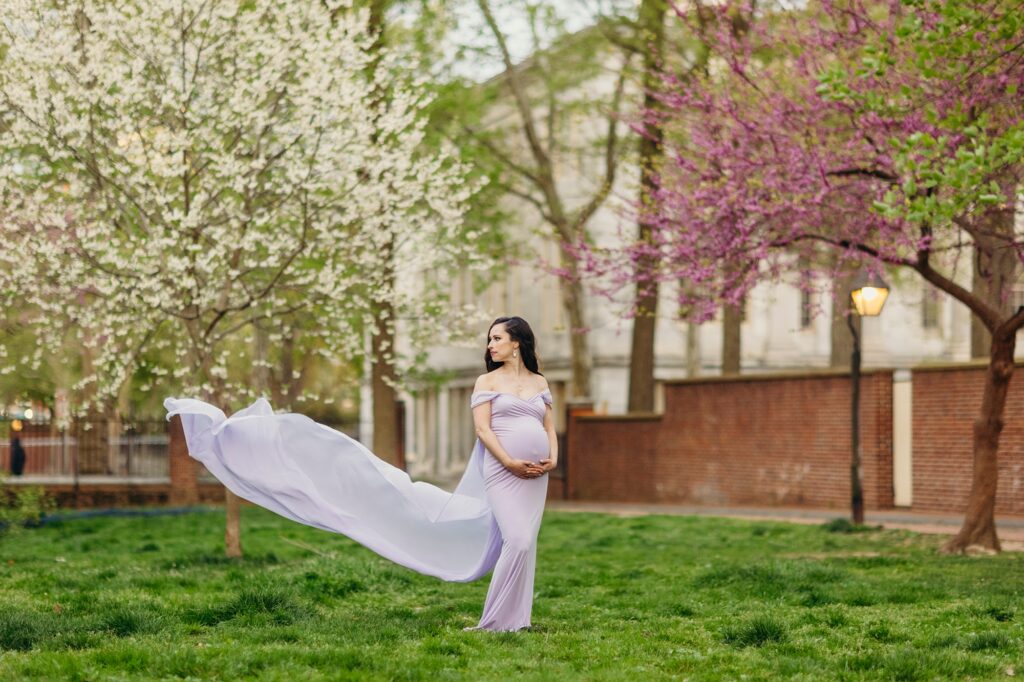 Flowing purple maternity dress during a spring maternity photo session in Old City Philadelphia.