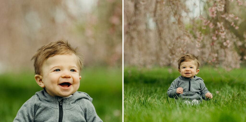 6 month baby photo session during the Spring in Philadelphia by cherry blossom trees. 