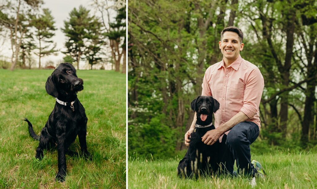 a black puppy during a spring pet session with his male owner in Valley Forge field. 