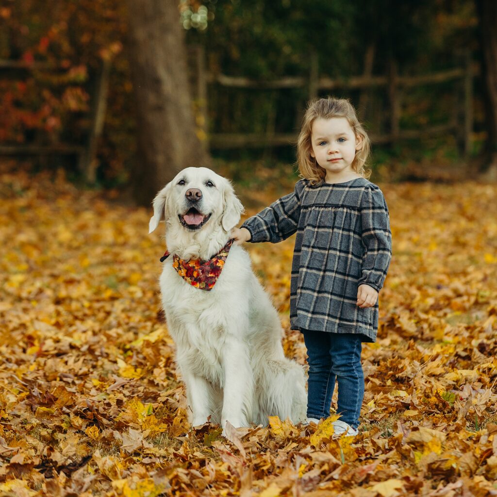 a young girl with her pet dog during a fall family shoot in Philadelphia. 