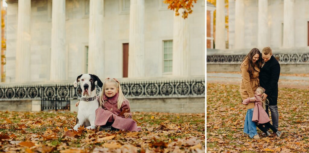 A young girl and her dog during a fall family session in Old City Philadelphia. 