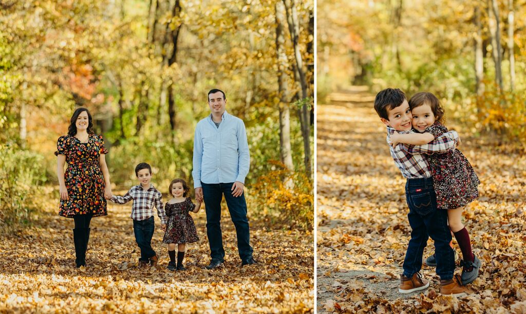 A family walking hand-in-hand in a New Jersey park during their fall photoshoot. 