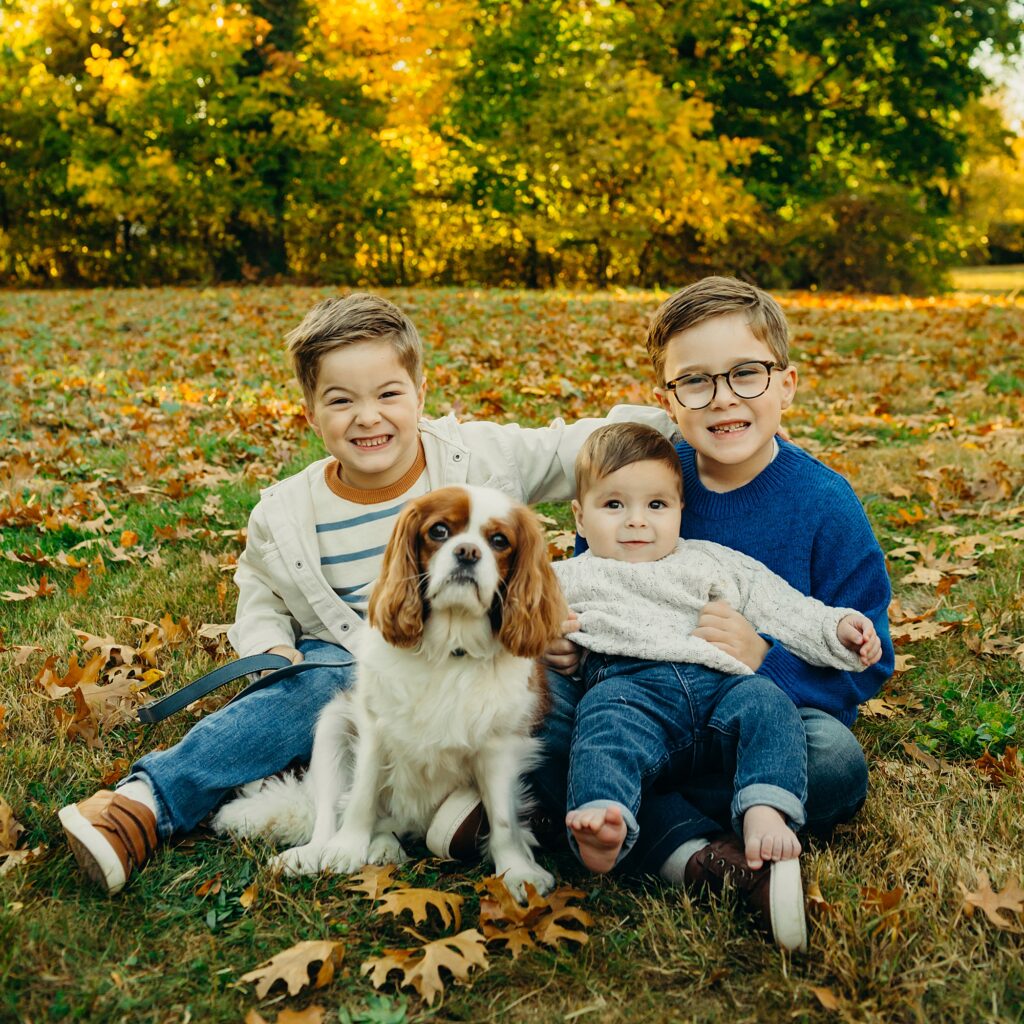 Fall family photos of 3 young boys and their pet dog in Philadelphia suburbs. 