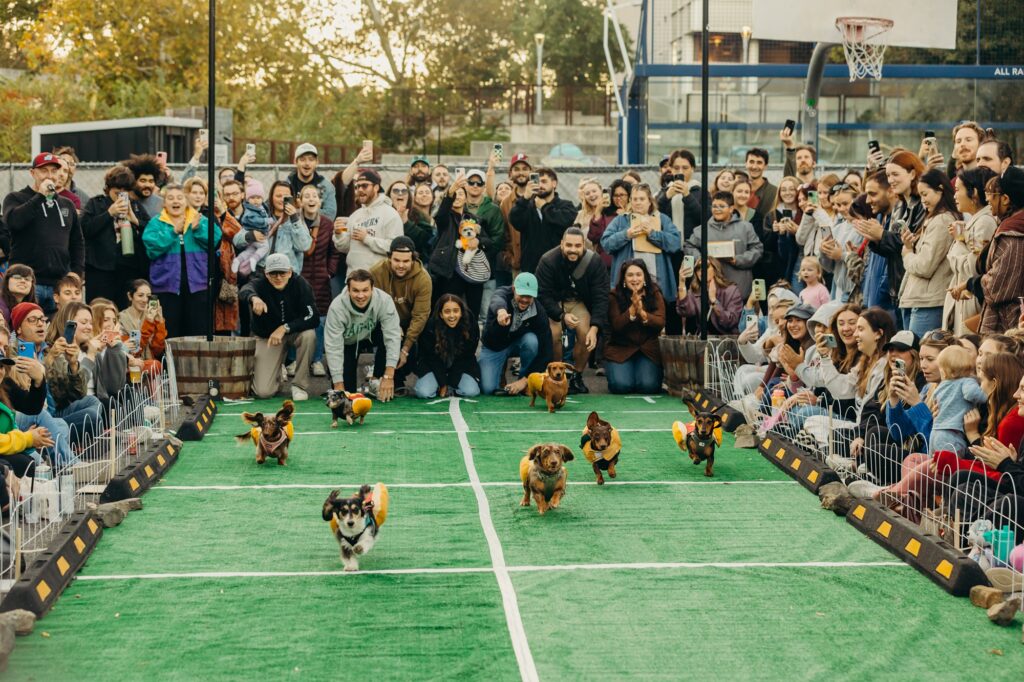 Lucky's Great Wiener Race 2025 competitors racing in Manayunk. 
