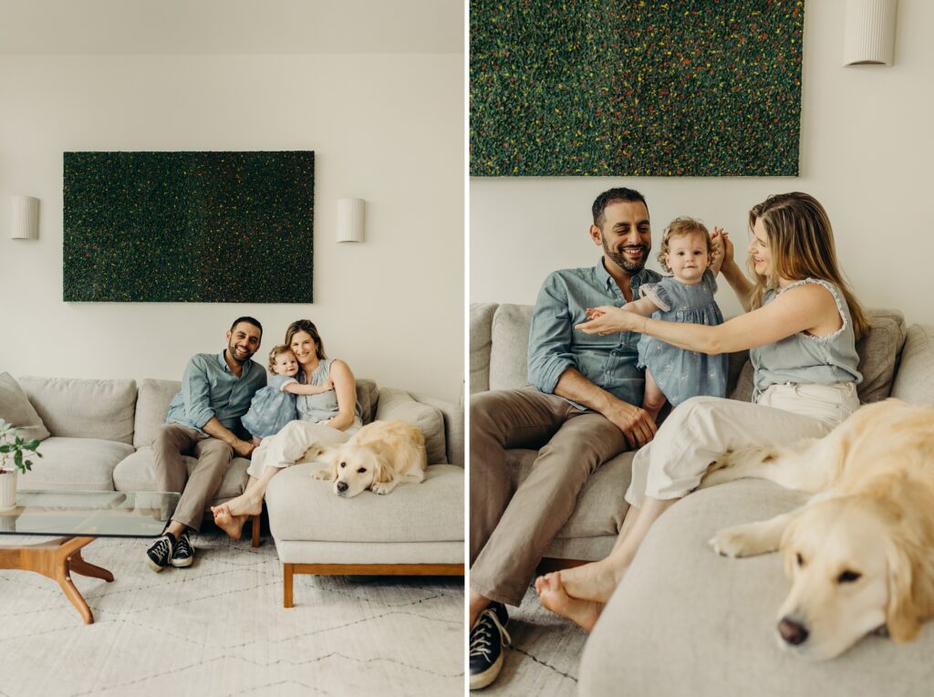 a Philadelphia family in their Rittenhouse home during an at-home lifestyle family session with their pet golden retriever