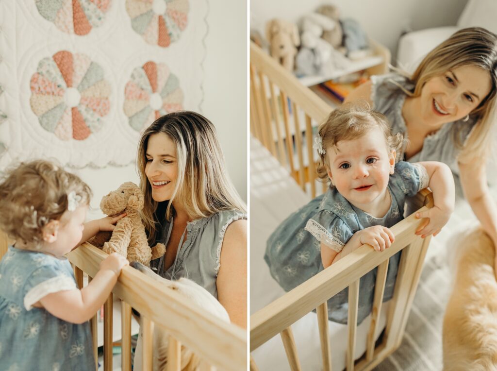 a one year old baby girl playing with her mother during a lifestyle family photoshoot in Rittenhouse Square, Philadelphia 