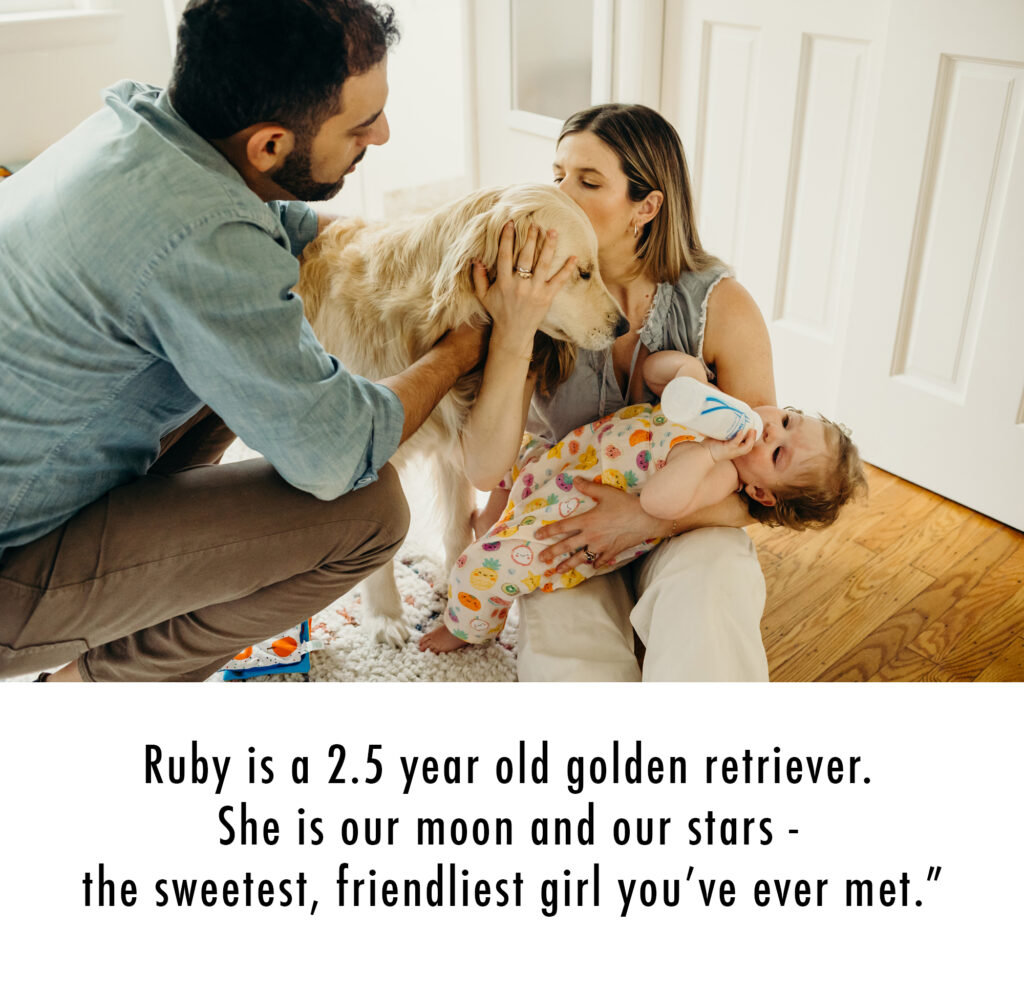 a Philadelphia family during an at home family photoshoot in Center City with their one year old daughter and pet golden retriever