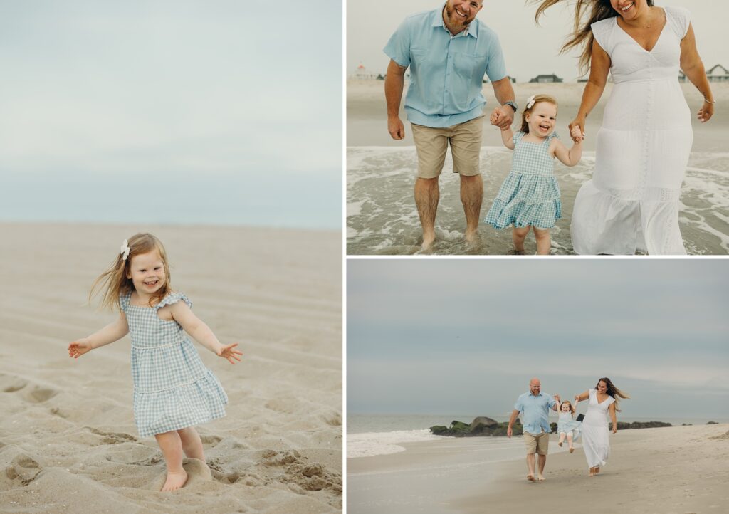 a family of 3 walking hand in hand along the Sea Isle shoreline in New Jersey during an extended family photoshoot