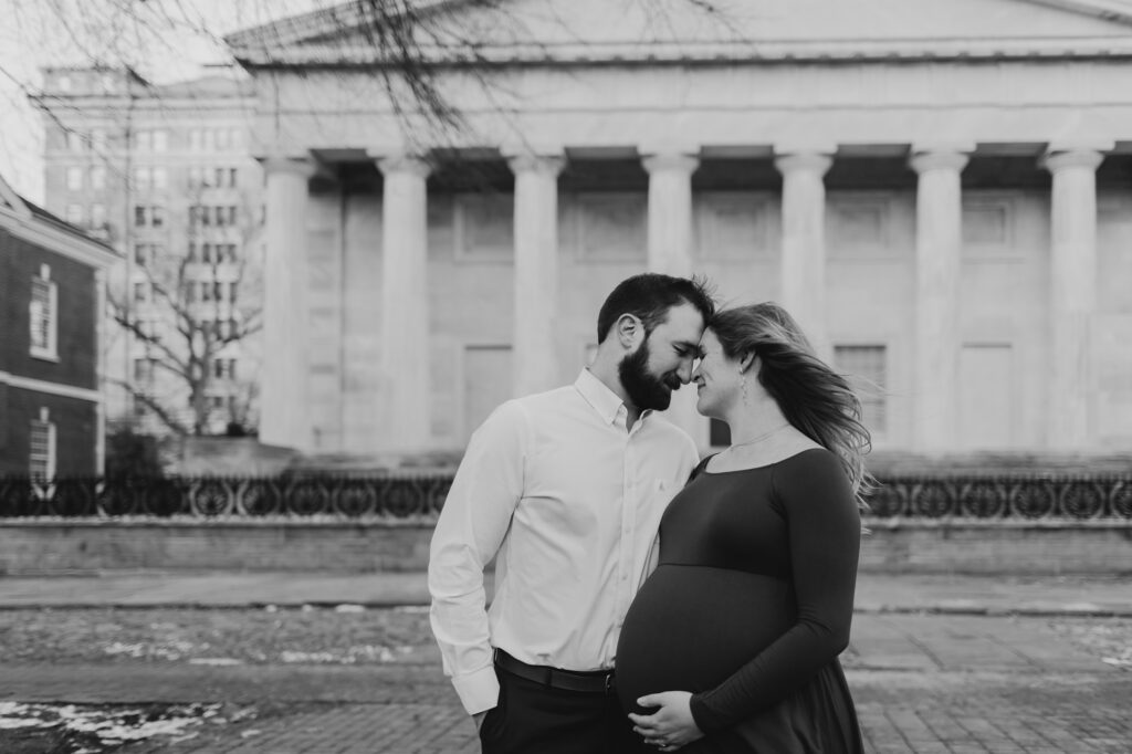 winter maternity photos in Old City Philadelphia near Center City. 
