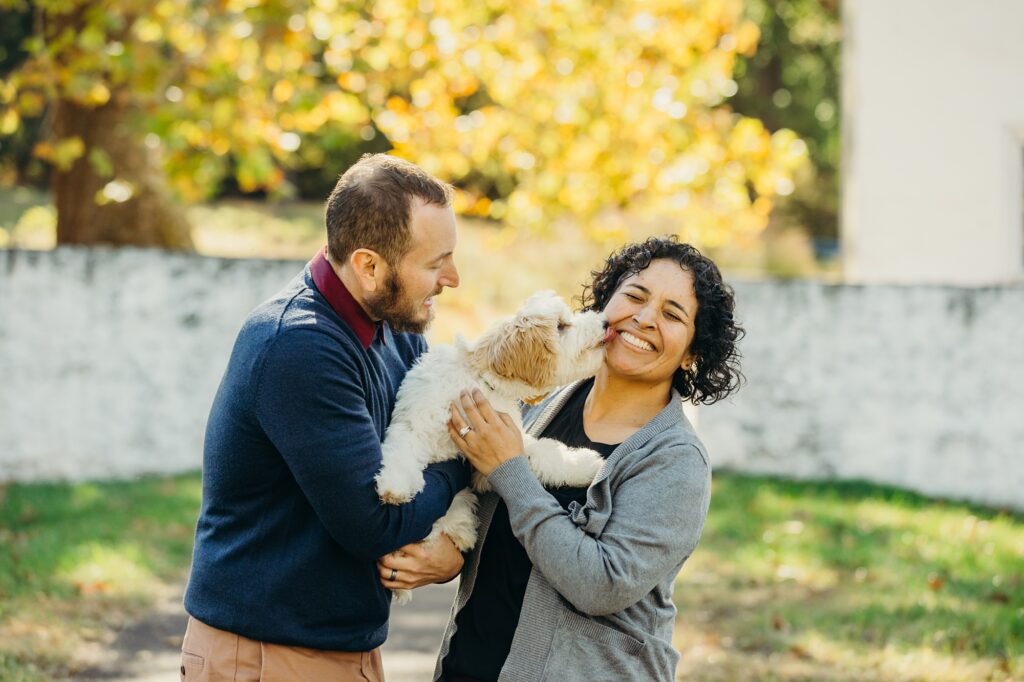 a Philadelphia couple with their golden doodle puppy during a fall pet photoshoot. 