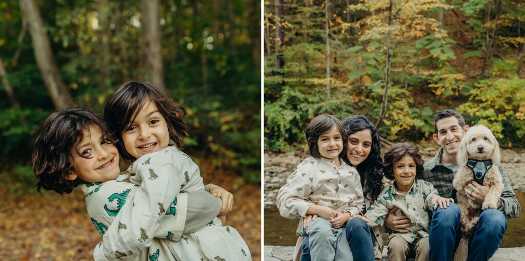 fall family photos with two young boys and a dog at the Wissahickon in Philadelphia 