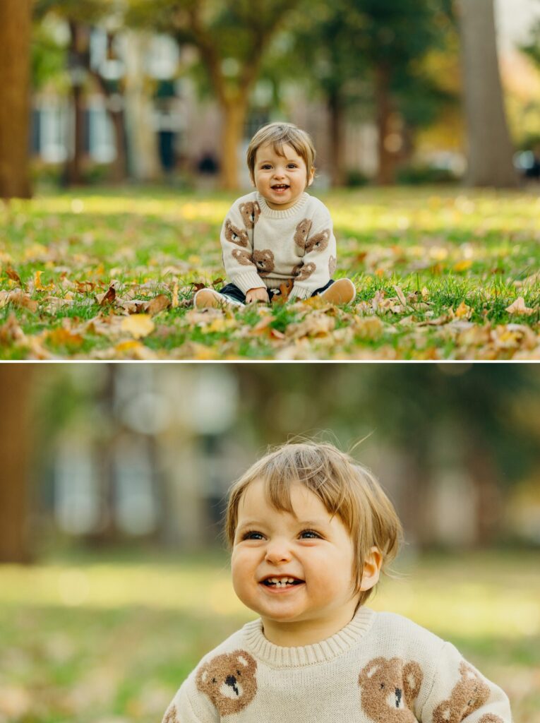 a smiley 9 month old baby boy during his fall family photos in Washington Square Park in Philadelphia. 