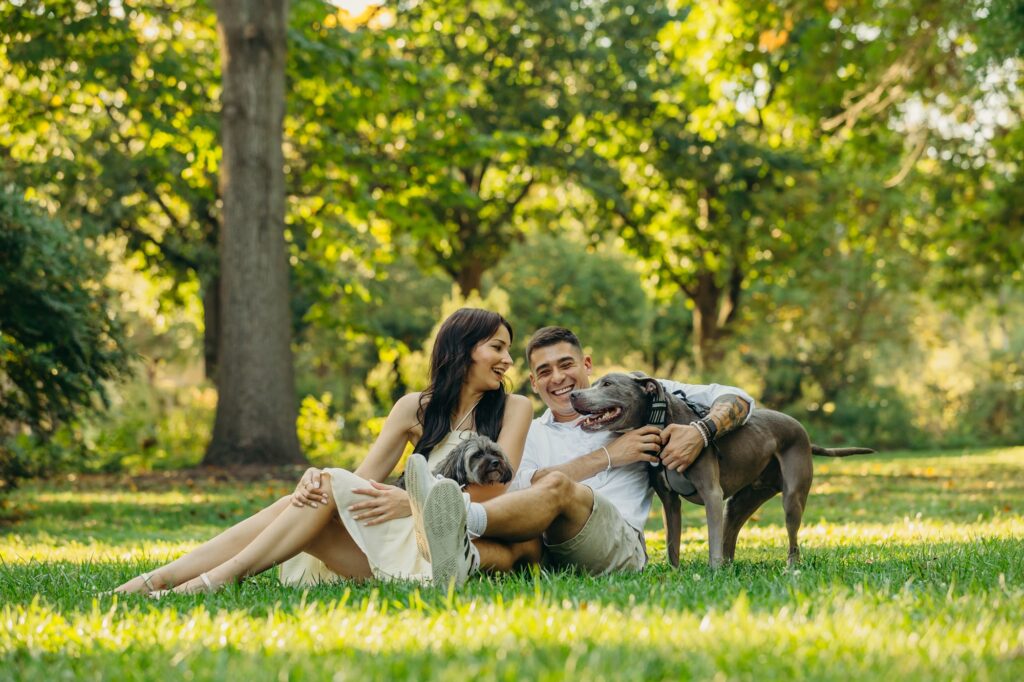 a Center City Philly couple with their two dogs during a lifestyle summer pet session 