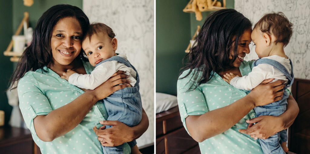 a Philadelphia mother with her one year old baby during a lifestyle first birthday photoshoot at their Conshohocken home 
