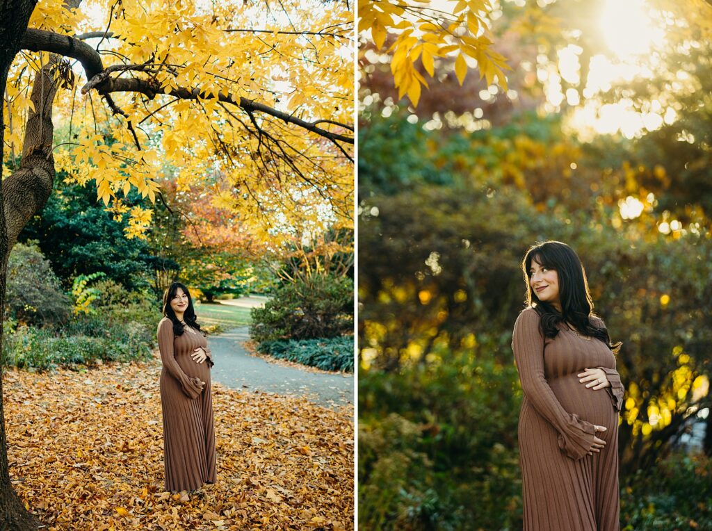 stunning golden hour maternity photos near the Philadelphia Art Museum during the fall season