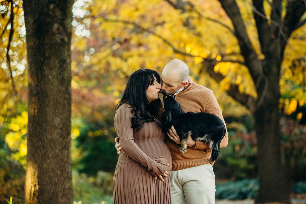 lifestyle maternity photos with pet dog on a beautiful fall day in Center City Philly