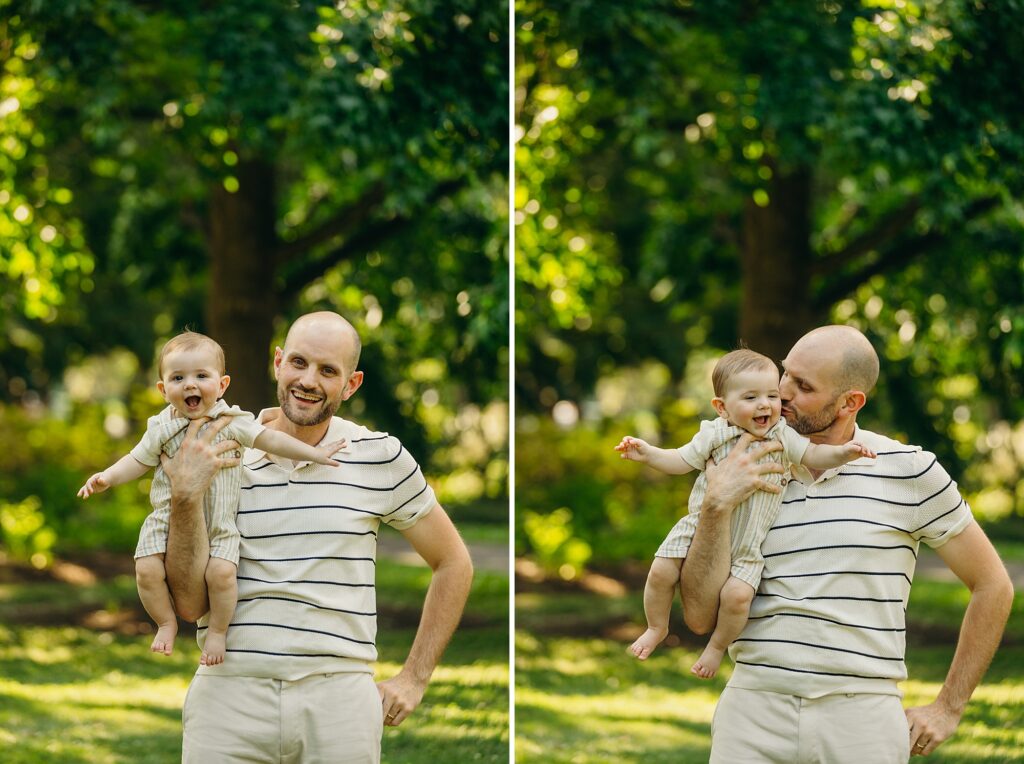 a Philadelphia father with his son during an outdoor summer family session in Fairmount Park