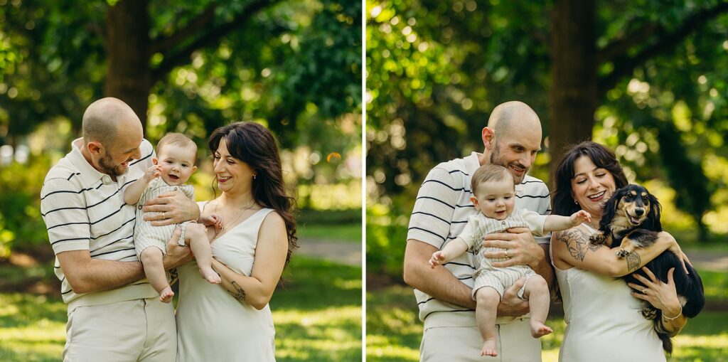 a Philadelphia family with their pet dog during an outdoor summer family photoshoot